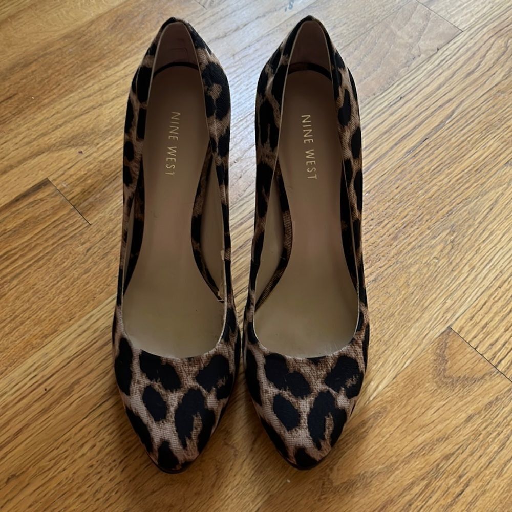 NINE WEST Leopard Faux Stiletto Platform Pumps- 8M